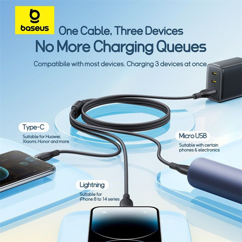 کابل تبدیل USB به لایتنینگUSB-Cmicro-USB بیسوس مدل Ultra-Fast 3.5A طول 1.3 متر