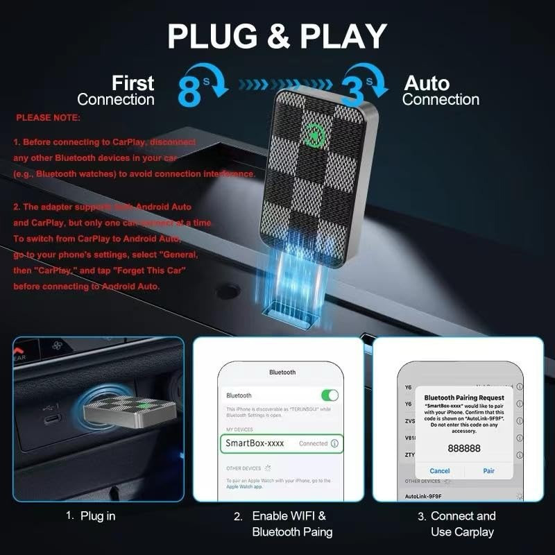 کارپلی و اندروید اتو مدل Wireless CarPlayAndroid Auto به همراه مبدل USB به USB-C و کابل افزایش طول USB