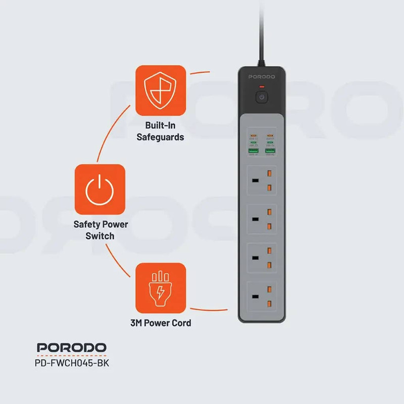محافظ شوک الکتریکی و چند راهی برق پرودو مدل PD-FWCHO45-BK-65W