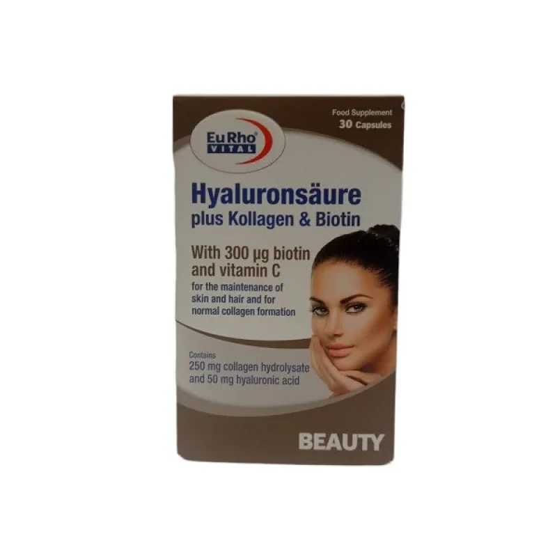 کپسول مکمل پوست، مو و ناخن یوروویتال مدل Hyaluronsäure Plus Kollagen & Biotin بسته 30 عددی با هیالورونیک اسید 50mg، کلاژن هیدرولیز شده 250mg، بیوتین 300mcg و ویتامین C برای تقویت سلامت پوست، افزایش استحکام کلاژن و بهبود سلامت مو و ناخن