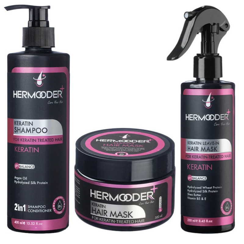 شامپو مو هرمودر مدل Keratin مناسب برای مو کراتین شده حجم 400 میلی لیتر به همراه ماسک مو هرمودر مدل Keratin حجم 300 میلی لیتر و ماسک مو هرمودر مدل Keratin حجم 250 میلی لیتر