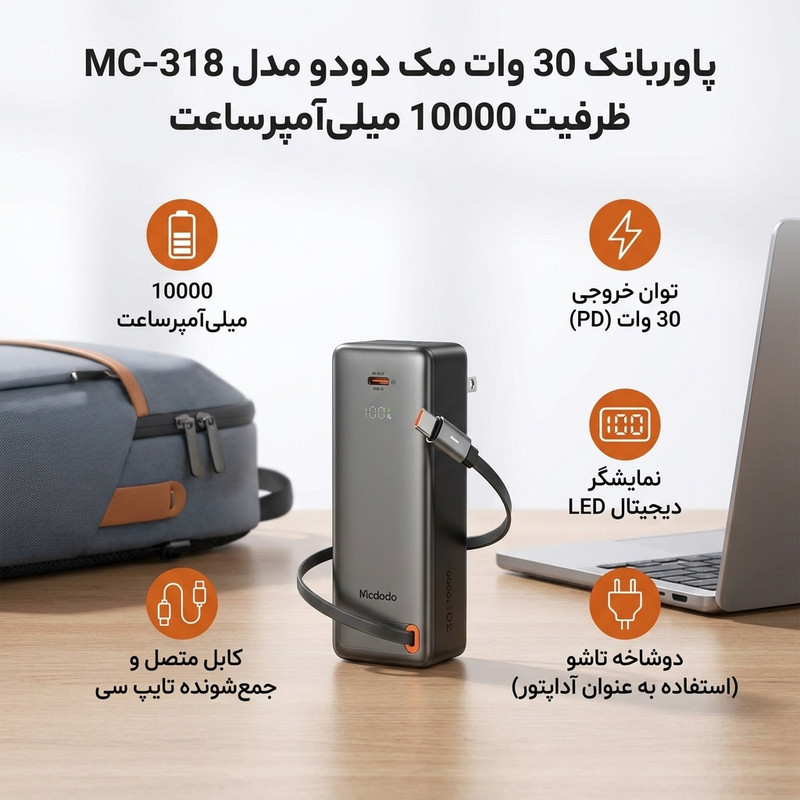 پاوربانک 30 وات مک دودو مدل MC-318 ظرفیت 10000 میلی‌آمپرساعت