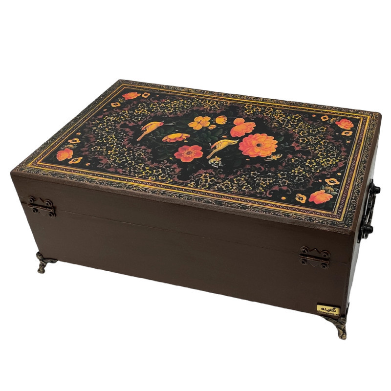جعبه پذیرایی پایه‌دار P2030 چوبی 6 قسمتی دست‌ساز با پتینه و دکوپاژ، ابعاد 20×30×13 سانتی‌متر، ارتفاع بدون محاسبه پایه 10 سانتی‌متر