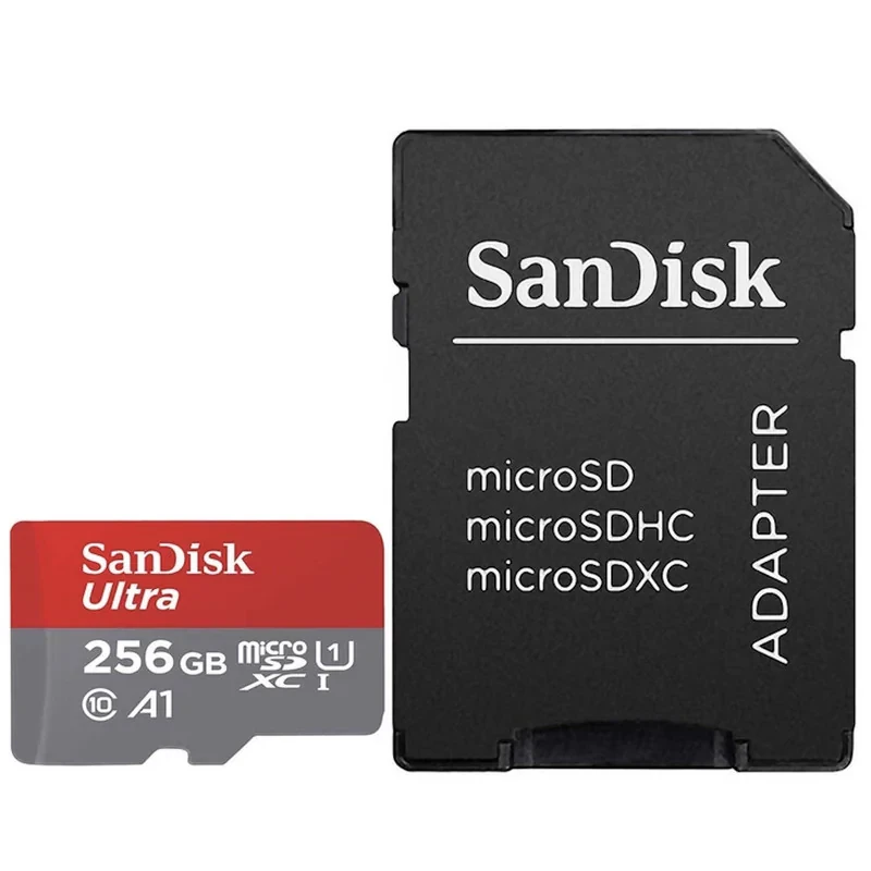 کارت حافظه microSDHC سن دیسک مدل Ultra A1 کلاس 10 استاندارد UHS-I سرعت 100MBps ظرفیت ۲۵۶ گیگابایت به همراه آداپتور SD