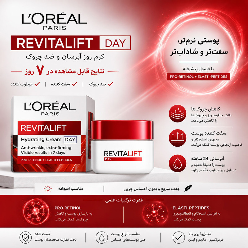 کرم ضد چروک لورآل مدل Revitalift Hydrating مناسب برای انواع پوست حجم 50 میلی لیتر