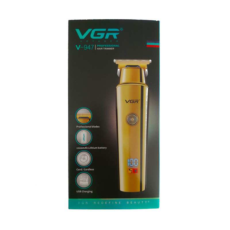 ماشین اصلاح موی سر و صورت وی جی آر مدل V-947 با تیغه استیل ضد زنگ، باتری لیتیوم یونی 2000 میلی‌آمپر، 500 دقیقه استفاده پس از شارژ، طراحی ارگونومیک و قابلیت اصلاح حجم زن