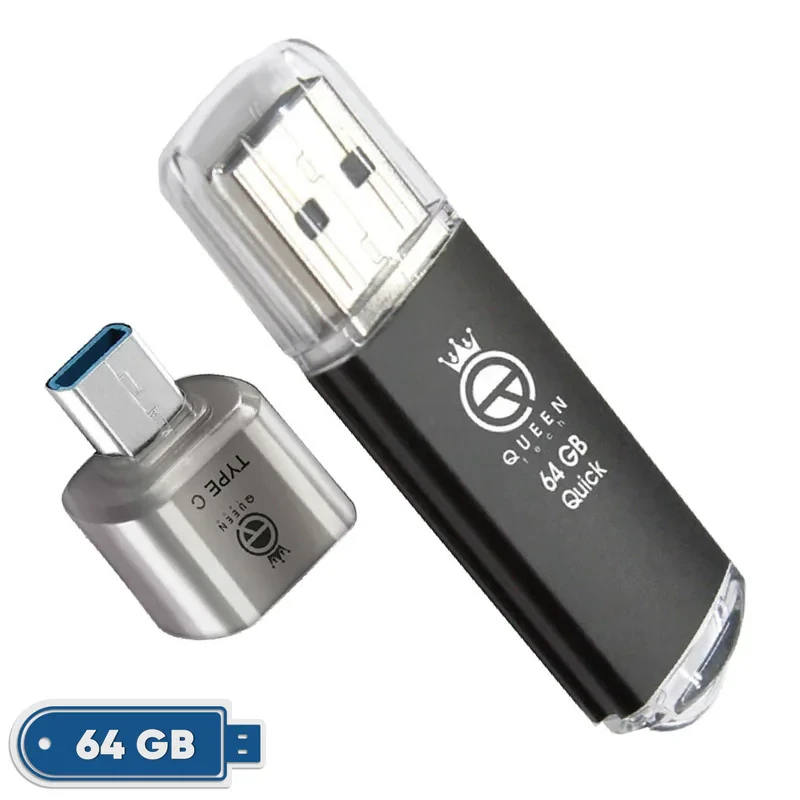 فلش مموری کوئین تک مدل QUICK C-PLUS ظرفیت 64 گیگابایت با رابط USB 2.0 و مبدل USB-C، سرعت انتقال 30 مگابایت بر ثانیه، طراحی درپوش‌دار، مناسب گوشی، تبلت، کامپیوتر و تلویزیون