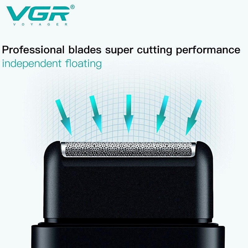 ماشین اصلاح موی صورت وی جی آر مدل V-390 با تیغه استیل ضد زنگ، تکنولوژی شیو فویلی، باتری قابل شارژ با 45 دقیقه زمان استفاده و طراحی ارگونومیک