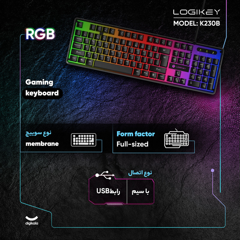 کیبورد گیمینگ لاجی کی مدل K230B، سوییچ ممبران، Full-Size، نورپردازی RGB