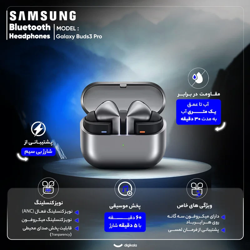 هدفون بلوتوثی سامسونگ مدل Galaxy Buds3 Pro دارای نویز کنسلینگ فعال (ANC)، درگاه شارژ USB Type-C، شارژ بی سیم، با قابلیت اتصال به چند دستگاه، پشتیبانی از فرمان لمسی، پشتیبانی از دستیار صوتی، مقاوم در برابر آب