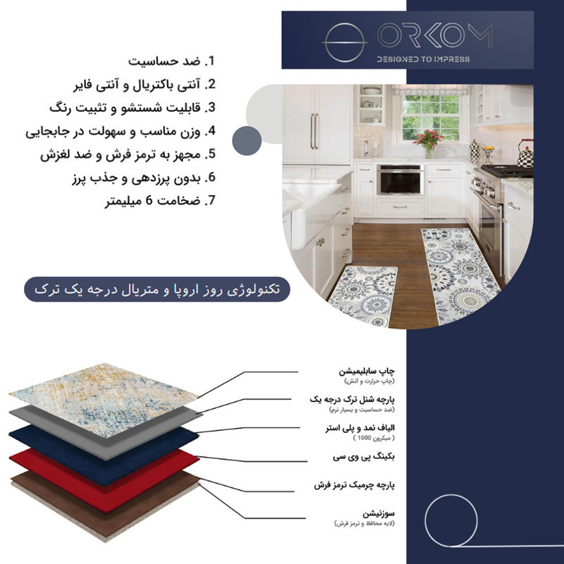 فرش ماشینی 200 شانه زمینه طوسی حاشیه خاکستری مدل چاپی بدون پرز بدون تار و پود طرح آشپزخانه اورکوم کد kitchen.5003.01 بسته دو عددی