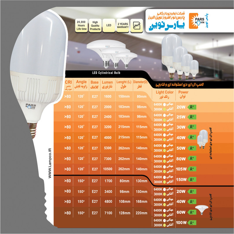 لامپ ال ای دی 50 وات پارس نوین مدل استوانه کد P-LT50 پایه E27