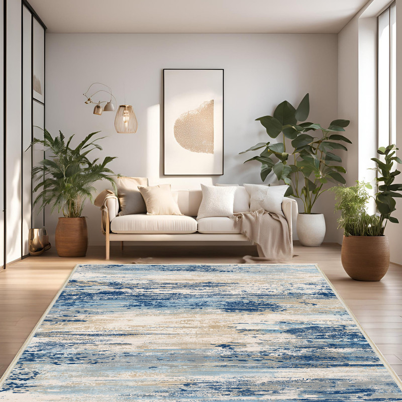 فرش ماشینی 1000 شانه زمینه کرم حاشیه سرمه ای مدل نانو چاپ بدون پرز طرح مینیمال دلتا کد OR.1122.05
