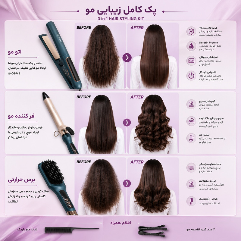 اتو مو حرفه ای رومئو مدل RM-5550 به همراه برس حرارتی و فر کننده مو مجموعه سه عددی