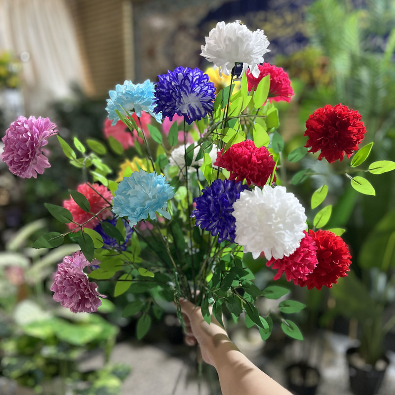 گل مصنوعی مدل بوته داوودی سه گل و برگ مجموعه 3 عددی