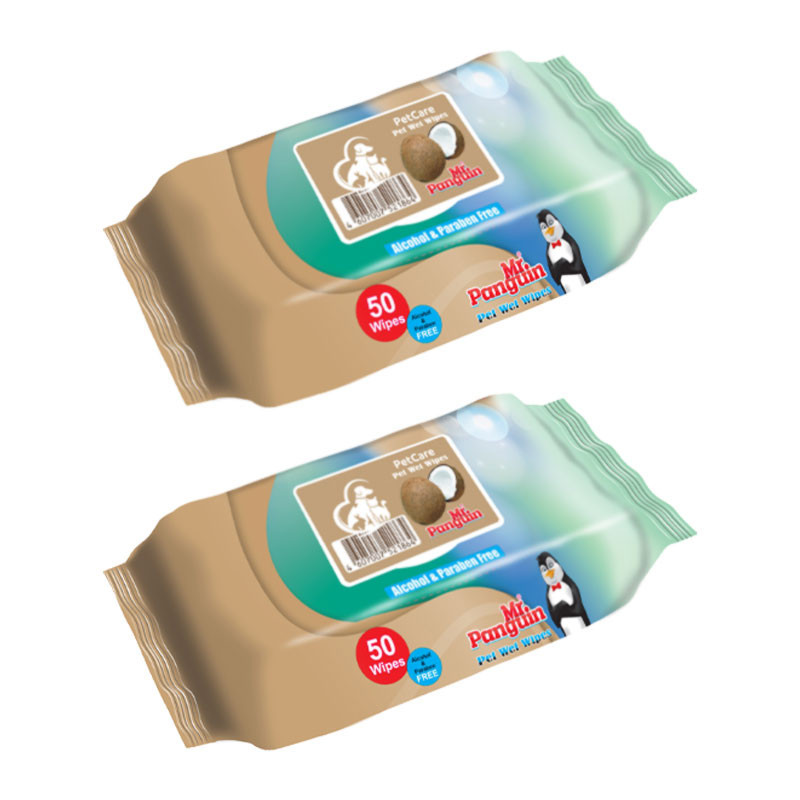 دستمال مرطوب حیوانات خانگی مستر پنگوئن مدل Coconut وزن 300 گرم بسته 2 عددی