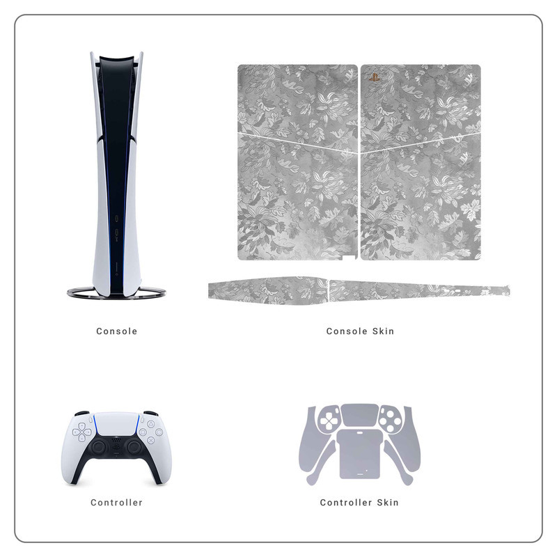 برچسب کنسول و دسته بازی PS5 Slim Digital Edition ماهوت مدل Silver Wildflower_Matte Silver