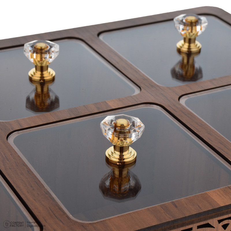 جعبه پذیرایی مستطیل مدل یاس MDF و پلکسی گلس با 5 محفظه تفکیک‌شده، ساخت ایران و مناسب سرو شکلات، غیرقابل شست‌وشو