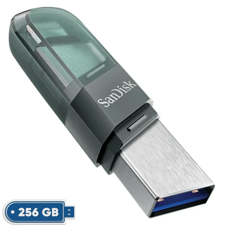 فلش مموری سن دیسک iXPAND FLIP ظرفیت 256 گیگابایت با دو رابط Lightning و USB 3.1، بدنه فلزی، سازگار با iPhone، iPad، ویندوز و مک، انتقال خودکار عکس و ویدیو، طراحی درپوش‌دار و سبک