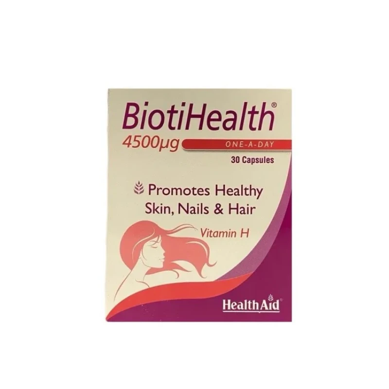 کپسول بیوتین 4500 میکروگرم هلث اید مدل BiotiHealth تقویت‌کننده مو، ناخن و پوست با جذب بالا و مناسب برای جلوگیری از ریزش مو و افزایش استحکام ناخن‌ها بسته 30 عددی