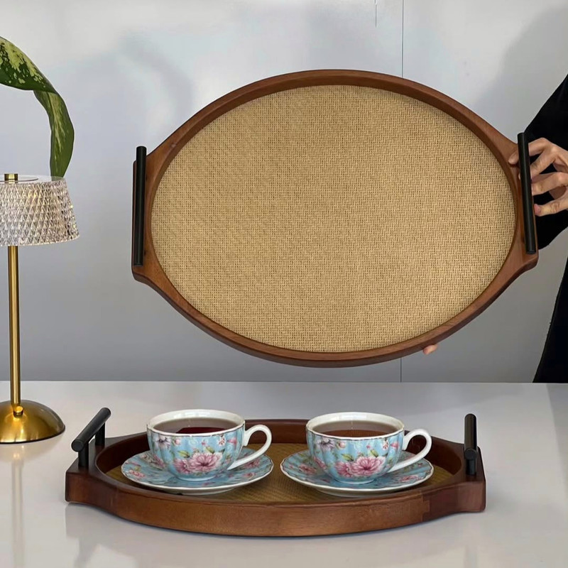 سینی دسته دار مدل حصیری کد TP069 سایز 43×34  سانتی متر مجموعه دو عددی