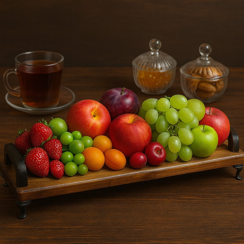 سینی سرو چوب روس طرح دسته‌دار با پایه فلزی کلاسیک و روکش دو دست جلا، مستطیلی 50×14×4 سانتی‌متر، وزن 600 گرم