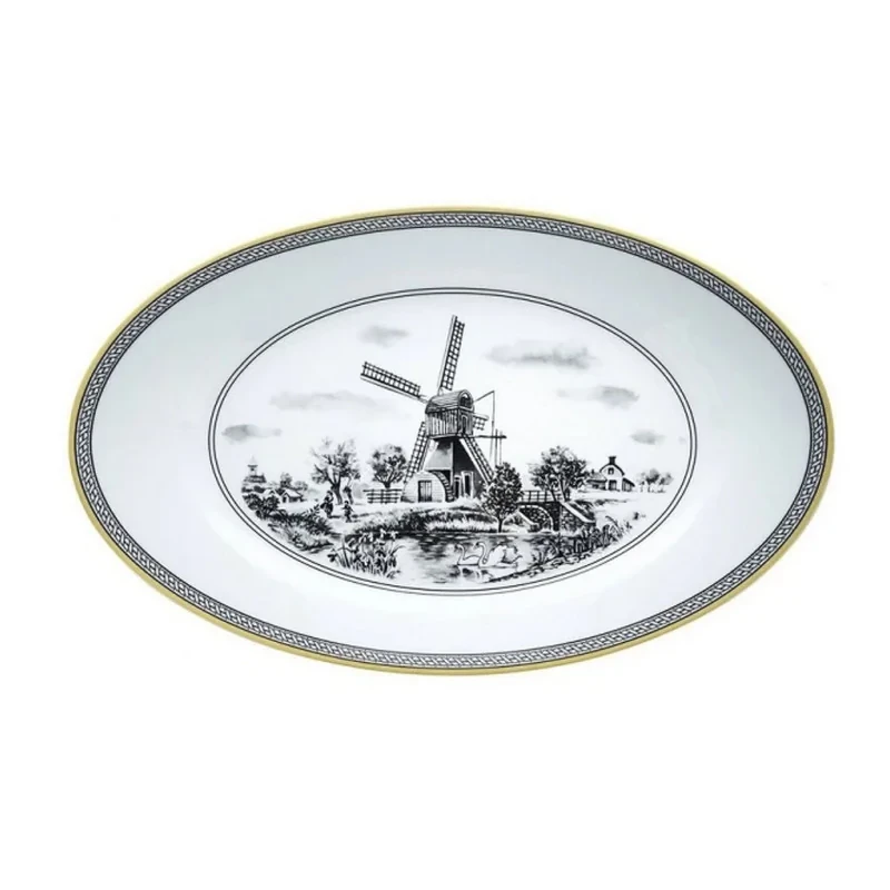 چینی زرین ایران دیس چینی مدل ایتالیا 38 ویلیج درجه 3، بیضی 38x23x3 داخل لعابی، مناسب مایکروویو، شستشو با دست و ماشین ظرفشویی، جعبه‌دار