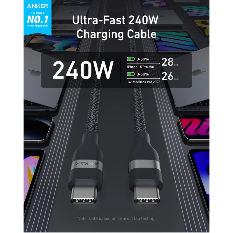 کابل تبدیل USB-C به USB-C انکر مدل A82E2 طول 0.9 متر با توان 240 وات