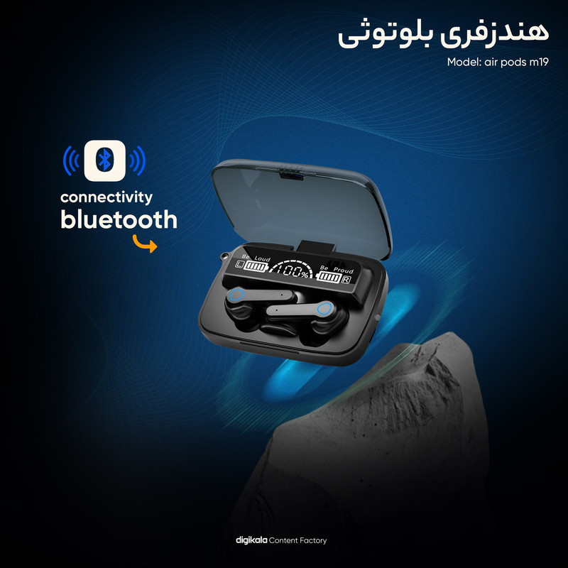 هدغون بلوتوثی مدل air pods m19 بدون قابلیت نویز کنسلینگ، درگاه شارژ microUSB، دارای کنترلر لمسی روی گوشی‌ها، امکان استفاده از محفظه شارژ به عنوان پاور بانک