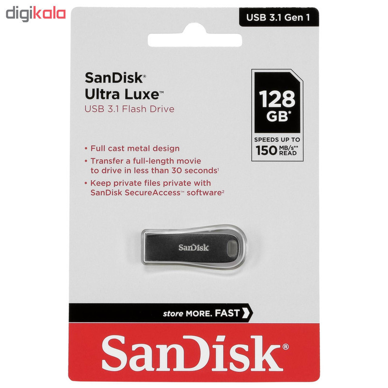 فلش مموری سن دیسک مدل Ultra Luxe ظرفیت 128 گیگابایت با بدنه فلزی، رابط USB 3.1 Type-A، سرعت خواندن 150 مگابایت بر ثانیه و نرم‌افزار کدگذاری SanDisk Secure Access