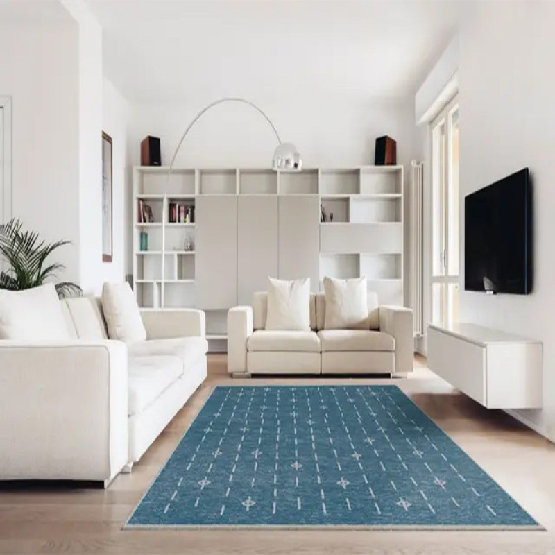 فرش ماشینی 1000 شانه هانوکس زمینه آبی حاشیه طوسی مدل مینیمال کد HANM.0017.1