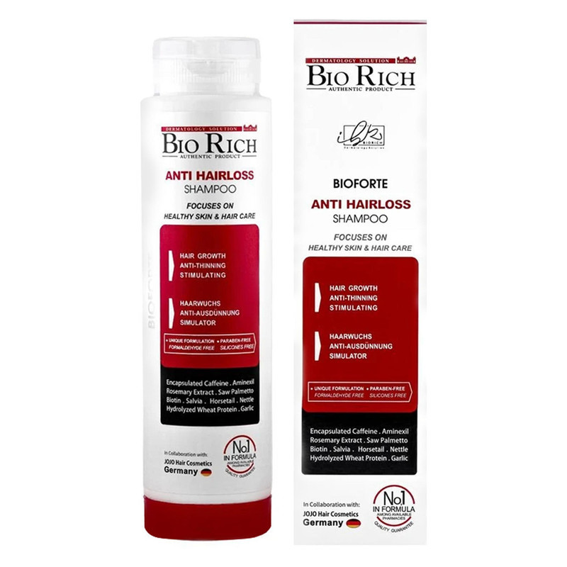 شامپو روزانه تقویت‌کننده و ضد ریزش مو بایوریچ مخصوص انواع مو، حجم 250 میلی‌لیتر مدل ANTI HAIR LOSS، حاوی کراتین، بدون سولفات، حجم‌دهنده و ترمیم‌کننده با عصاره مریم گلی، گزنه و، رزماری