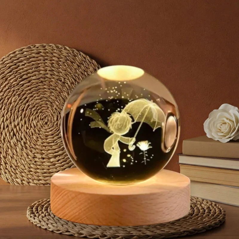 چراغ رومیزی مدل گوی کریستالی سه بعدی چراغ دار طرح شازده کوچولو