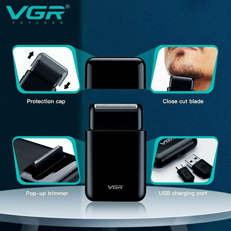 ماشین اصلاح موی صورت وی جی آر مدل V-390 با تیغه استیل ضد زنگ، تکنولوژی شیو فویلی، باتری قابل شارژ با 45 دقیقه زمان استفاده و طراحی ارگونومیک