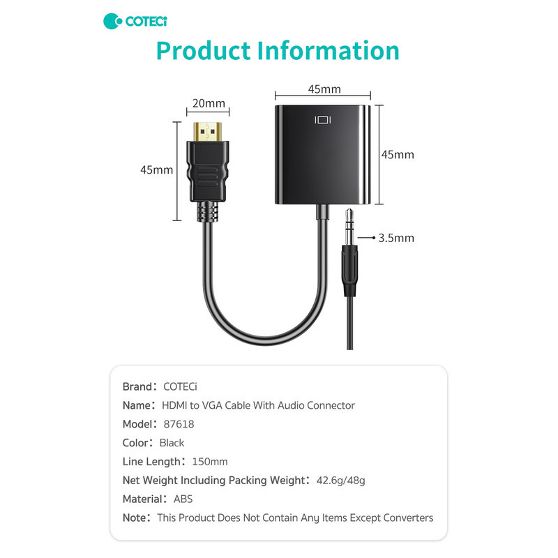 کابل تبدیل HDMI به VGA کوتتسی مدل 87618 به همراه درگاه صدا