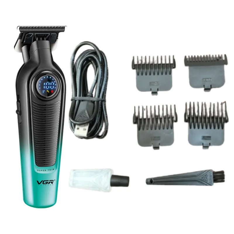 ماشین اصلاح موی سر و صورت شارژی وی جی ار مدل V-996 با تیغه سرامیک و تیتانیوم پیشرفته، باتری لیتیوم یون 2000 میلی‌آمپر، سرعت موتور 7000 دور در دقیقه، طراحی ارگونومیک، قابلیت اصلاح خشک و مرطوب، نمایشگر وضعیت باتری و اصلاح با شماره صفر