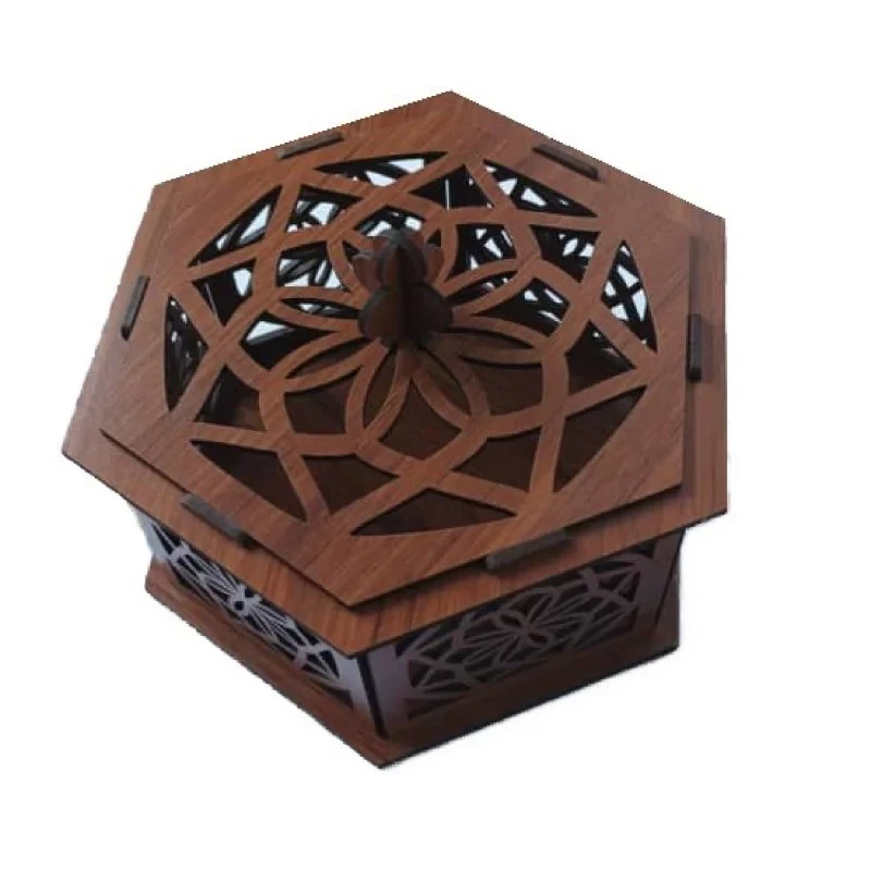 ظرف پذیرایی جعبه‌ای طرح 6 ضلعی مدل D330 دو تکه (ظرف و در) از MDF، ابعاد داخلی 15×15×8 سانتی متر و ابعاد بیرونی 16×16×12 سانتی متر