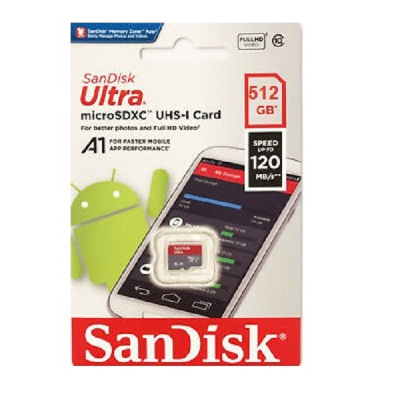 کارت حافظه microSDXC سن دیسک مدل Ultra A1 کلاس 10 استاندارد UHS-I سرعت 120MBps ظرفیت 512 گیگابایت