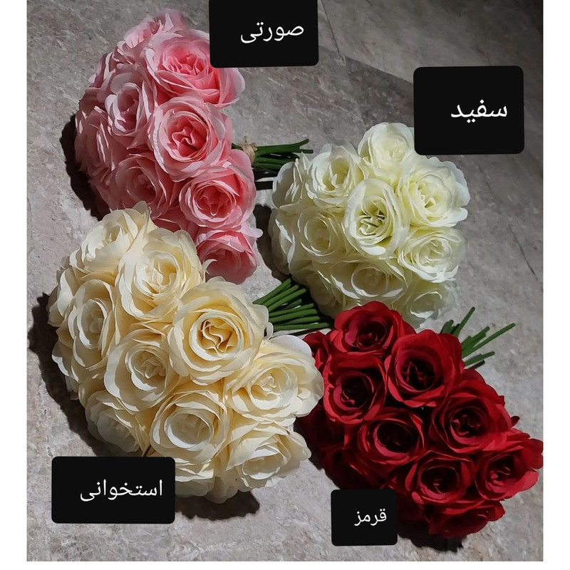 گل مصنوعی رز هلندی، 12 گل درشت، مدل PALIZ_1060، مناسب گلدان متوسط، شاخه‌ای جداشونده، پارچه قابل شستشو، ابعاد 26×25×35 سانتی‌متر، وزن 400 گرم