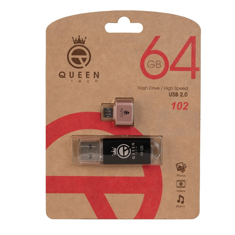 فلش مموری کوئین تک مدل QUICK C-PLUS ظرفیت 64 گیگابایت با رابط USB 2.0 و مبدل USB-C، سرعت انتقال 30 مگابایت بر ثانیه، طراحی درپوش‌دار، مناسب گوشی، تبلت، کامپیوتر و تلویزیون