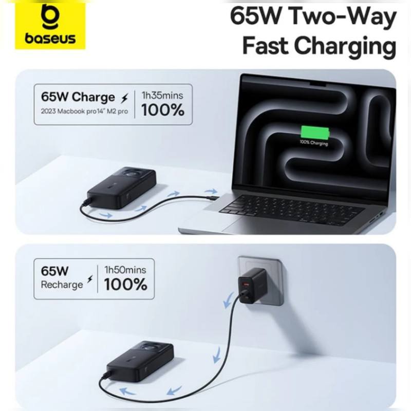 پاوربانک بیسوس مدل Free2Pull 65W ظرفیت 20000 میلی آمپر ساعت به همراه کابل USB-C