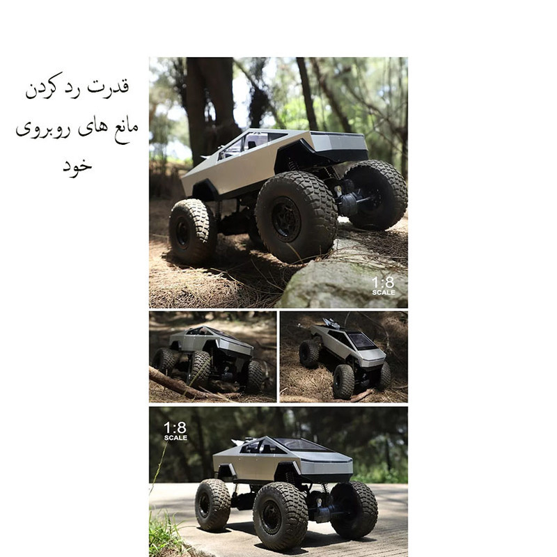 ماشین بازی کنترلی MZ مدل تسلا سایبر تراک بزرگ 1:08 با چهارچرخ محرک 4x4، دو موتور براش، بدنه آلیاژ آلومینیوم، سرعت تا 8 کیلومتر بر ساعت، چراغ LED و باتری شارژی 7.4 ولت با کنترل 2.4 گیگاهرتز