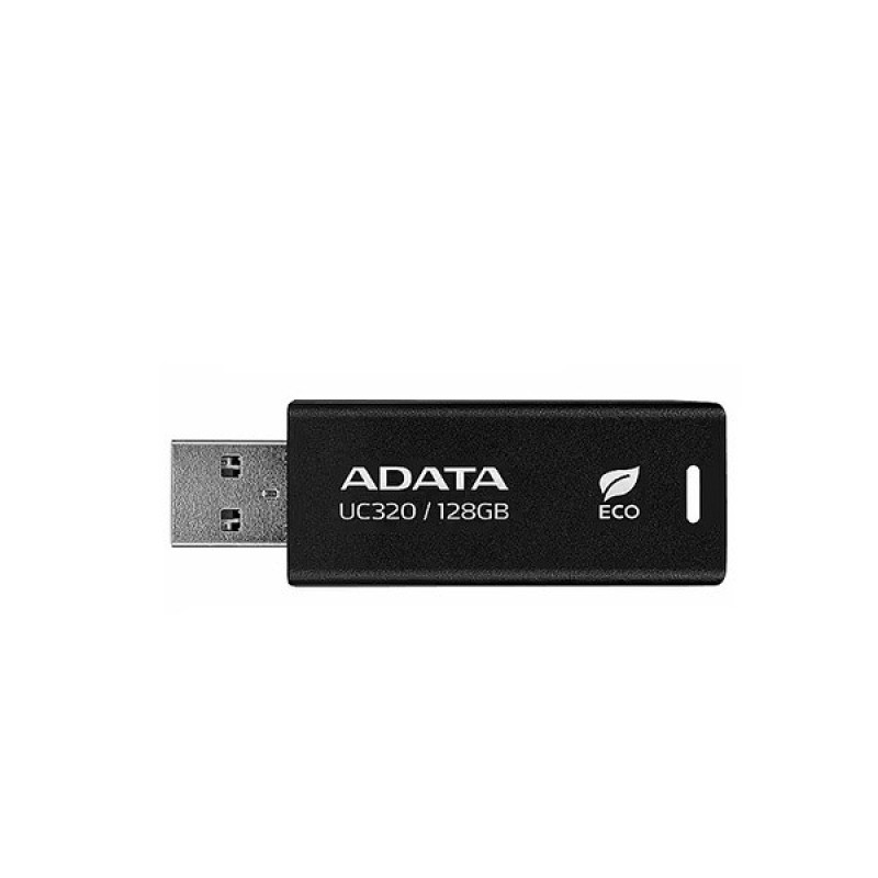 فلش مموری ای دیتا مدل UC320 ظرفیت 128 گیگابایت با رابط USB 3.2، مقاوم در برابر ضربه و طراحی کشویی، سازگار با سیستم‌عامل‌های ویندوز، مک و لینوکس، ساخته شده از پلاستیک بازیافتی