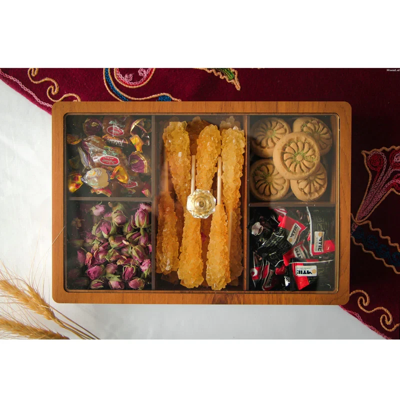جعبه پذیرایی چوبی مستطیل مدل HT212 با در شفاف، مناسب شکلات‌خوری، ابعاد 27.5x18x5.5 سانتی‌متر، شست‌وشو با دست