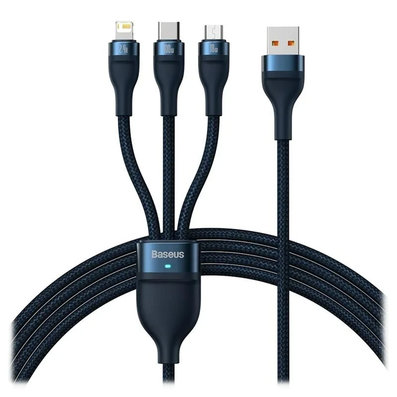کابل تبدیل USB به USB-C  microUSB  لایتنینگ باسئوس مدل ONE-FOR-THREE 100Wطول 1.2 متر