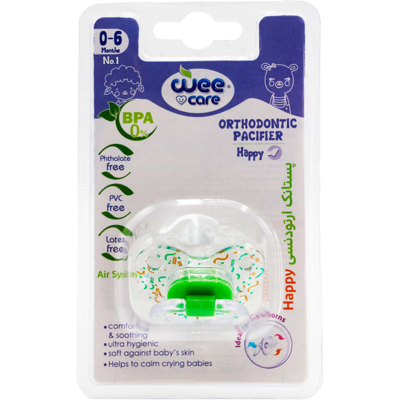 پستانک ارتودنسی وی کر مدل دسته دار شفاف چاپدار happy سایز 0-6 ماه کد P115
