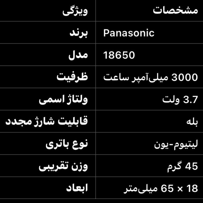 باتری لیتیوم-یون قابل شارژ پاناسونیک مدل 18650 ظرفیت 3000 میلی‌آمپر ساعت