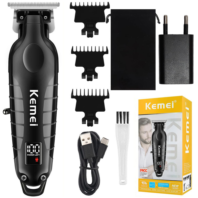 ماشین اصلاح موی سر و صورت کیمی مدل KM-2293 با تیغه کربن استیل خودتیز شونده، موتور 6000 دور در دقیقه، طراحی ارگونومیک، شانه قابل تنظیم 1 تا 3 میلی‌متر و باتری 1200 میلی‌آمپر ساعت با شارژ و عملکرد 180 دقیقه‌ای