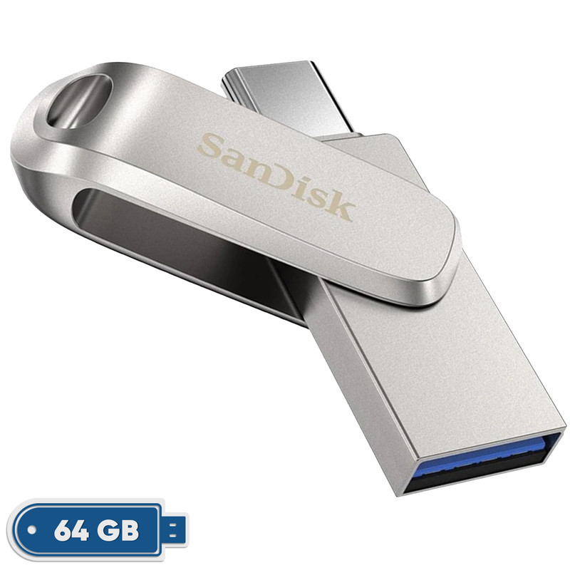 فلش مموری سن دیسک مدل Ultra Dual Drive Luxe ظرفیت 64 گیگابایت با دو رابط USB تایپ سی و USB 3.2 Gen1، بدنه فلزی چرخشی، سرعت انتقال 150 مگابایت بر ثانیه و سازگار با گوشی، تبلت، کامپیوتر و تلویزیون