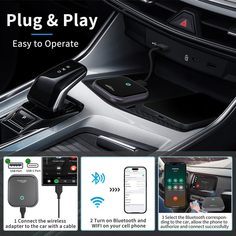 کارپلی و اندروید اتو مدل 2in1 wireless adapter به همراه کابل USB به USB-C و کابل USB-C
